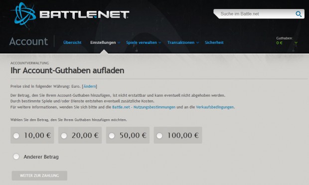 Einzahlung auf das Guthabenkonto des Battle.net