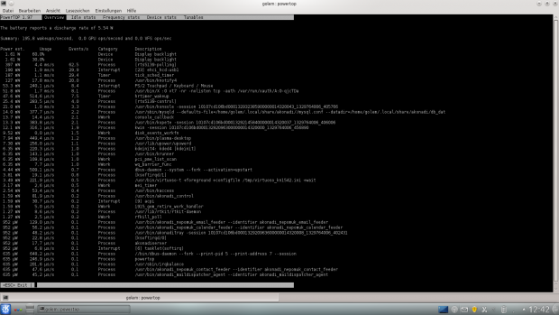 Ein Schnappschuss von Powertop bei ausgeschaltetem Bluetooth und WLAN mit Linux 3.2