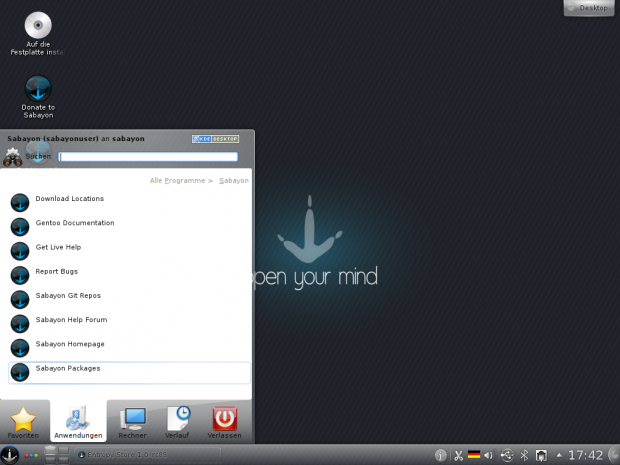 Sabayon hat einen eigenen Menüpunkt mit wichtigen Links.