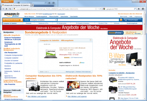 Das Ultrabook Acer Aspire S3 ist eines der nächsten Blitzangebote.