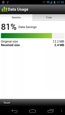 Opera Mini 7 auf einem Android-Smartphone mit Datenverbrauchsanzeige