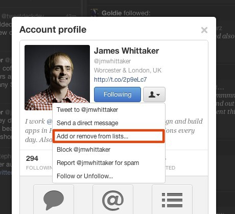 Tweetdeck 1.3 - in der Profilansicht können Nutzer zu Listen hinzugefügt oder aus ihnen entfernt werden  (Bild: Twitter)