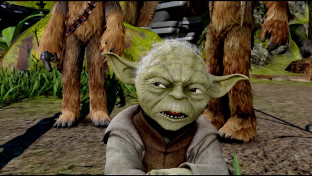 Jedimeister Yoda mit zwei Wookies auf dem Planet Kashyyyk