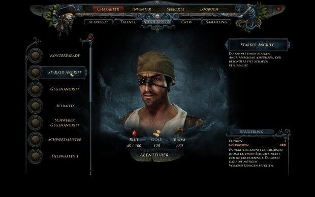 Im Charaktermenü sieht der Spieler seine Fähigkeiten.