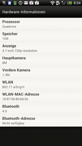 Die Hardwareinformationen des HTC One X mit dem Hinweis auf die Vierkern-CPU in dem Tegra-3-Chip von Nvidia
