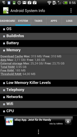 Insgesamt sind 32 GByte Flash-Speicher und 1 GByte RAM im HTC One X verbaut.