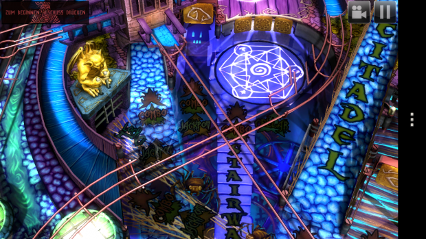 Das 3D-Spiel Zen Pinball THD mit der als Bildschirmtaste implementierten Optionstaste