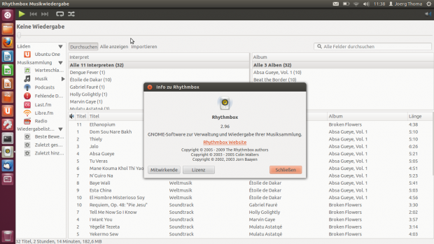 Der Musikplayer Rhythmbox ersetzt Banshee.