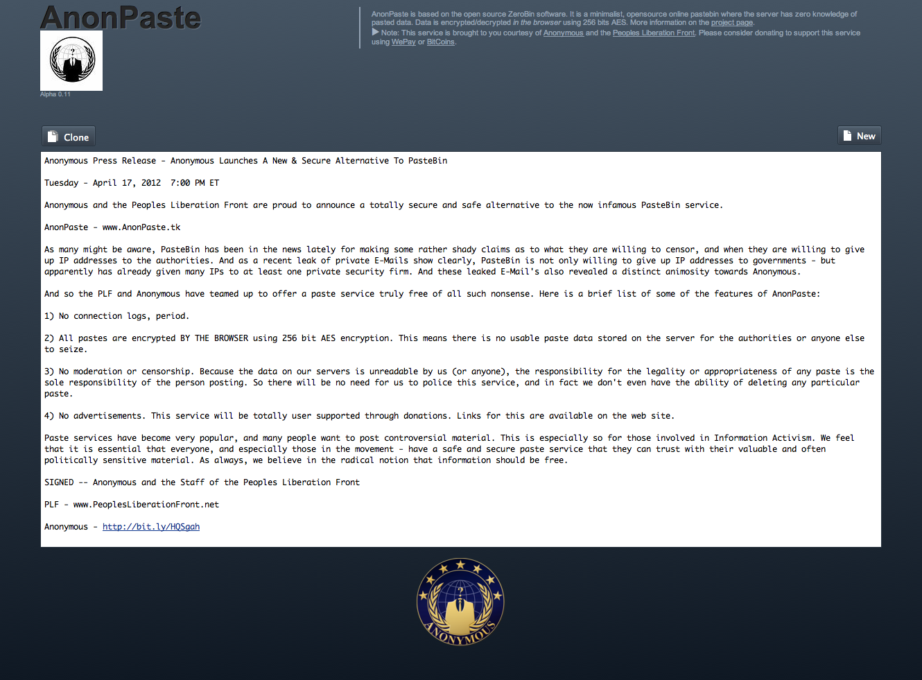Anonpaste Anonymous setzt auf verschlüsselte PastebinAlternative
