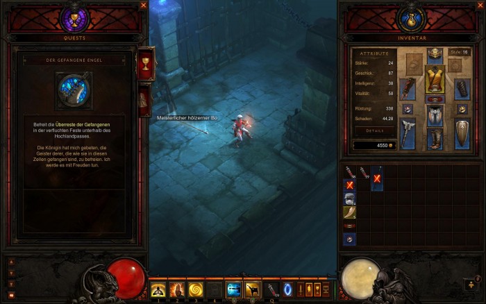 Links das Journal mit dem aktuellen Ziel, rechts das Inventar