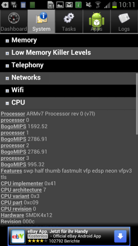 Im Galaxy S3 ist ein Vierkernprozessor integriert, der zwischen 200 MHz...