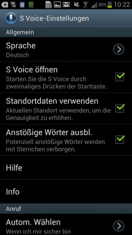 S-Voice-Optionen