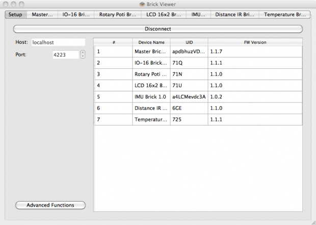 Das Programm Brickv (Brick Viewer) stellt die Daten der Bausteine dar und erlaubt die Beeinflussung von Einstellungsparametern.