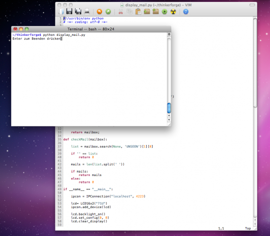 Ein Pythonprogramm auf der Kommandozeile steuert die Tinkerforge-Bausteine unauffällig im Hintergrund...