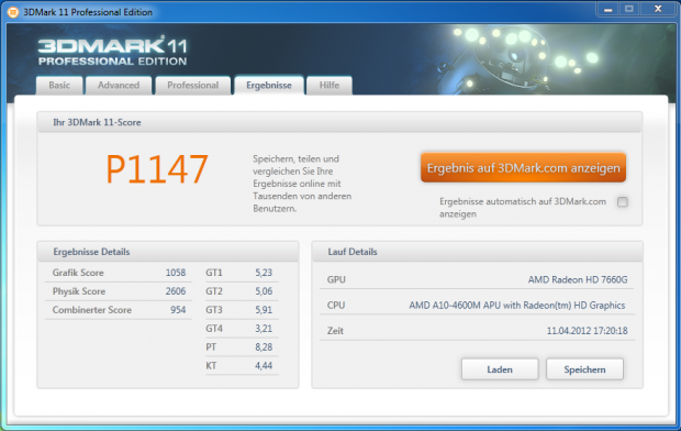 Einzelergebnisse des 3DMark 11 auf dem Trinity-Notebook