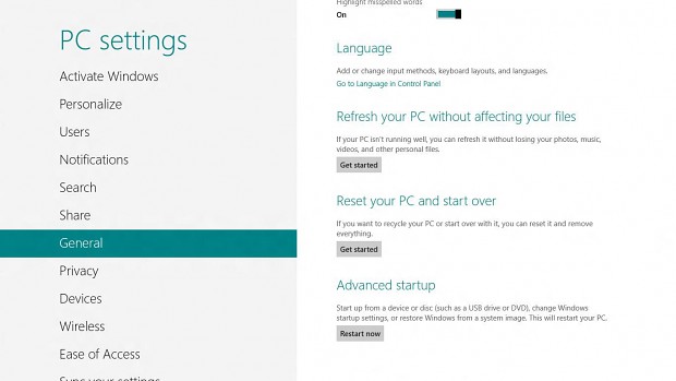 Aufruf der Boot-Optionen über die PC-Einstellungen