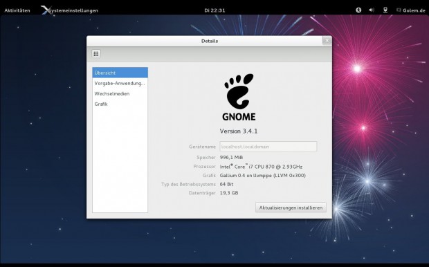 Der Gnome Desktop läuft dank LLVMPipe auch auf Rechnern mit Grafkkarten ohne 3D-Beschleunigung.