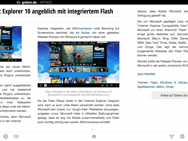 Golem.de in Google Currents - die nächste Seite...(Bild: Golem.de)