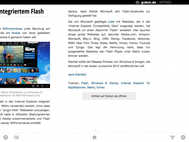 Golem.de in Google Currents . ...  wird mit einem Fingerwisch nach links geöffnet (Bild: Golem.de)