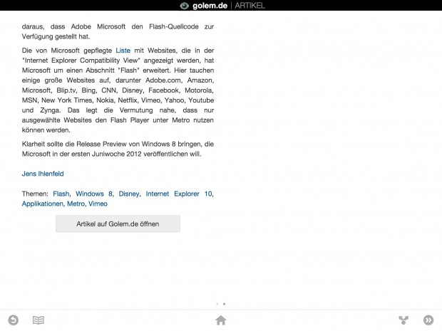 Golem.de in Google Currents - auf Seite zwei des Artikels angelangt (Bild: Golem.de)