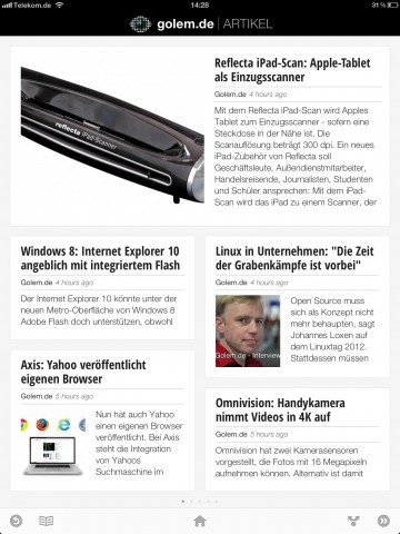 Golem.de in Google Currents - Liste der Artikel (Bild: Golem.de)