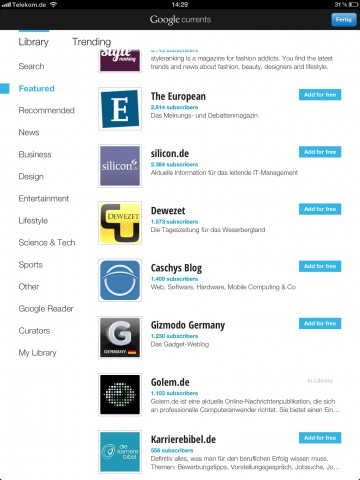 Golem.de in Google Currents - derzeit zu finden in der Kategorie Featured... (Bild: Golem.de)