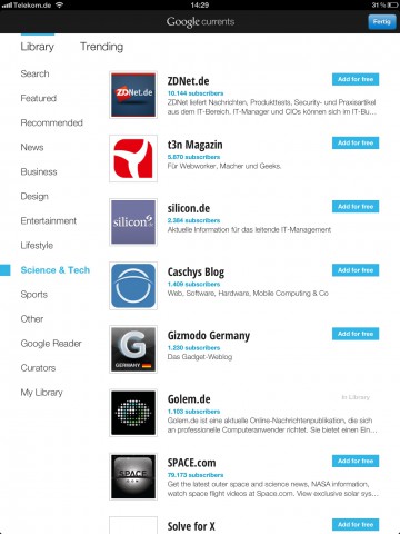 Golem.de in Google Currents - ... und regulär in der Kategorie Science & Tech (Bild: Golem.de)