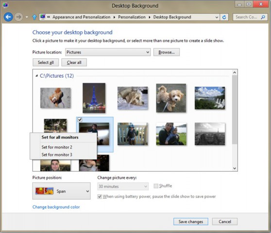 Windows 8 - die Einstellungen für unterschiedliche Desktop-Hintergrundbilder (Bild: Microsoft)