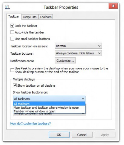 Windows 8 - es gibt deutlich mehr Einstellungen zur Taskbar-Platzierung als noch bei Windows 7. (Bild: Microsoft)