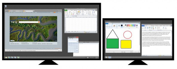 Windows 8 - die Taskbar auf beiden Monitoren; die Anwendungsbuttons sind auf dem Monitor platziert, wo auch die Fenster geöffnet sind. (Bild: Microsoft)