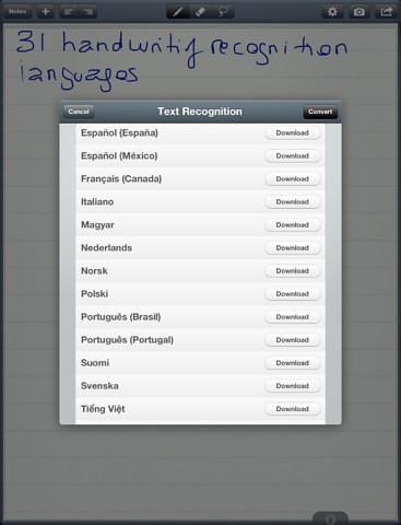 Verschiedene Sprachen für Myscript Memo für das iPad (Bild: Vision Objects)