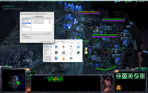 Mit einem Trick (Windowed Fullscreen) lässt sich Mac OS X dazu bringen, die volle Auflösung als Nutzfläche anzubieten. Der Nutzer kann damit noch arbeiten, es ist aber anstrengend.