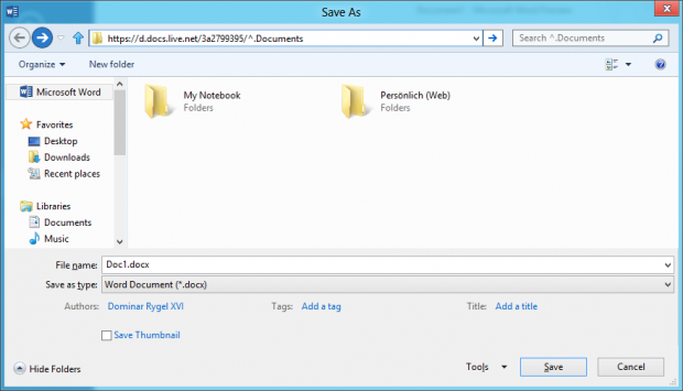 Standardeinstellung: Word legt Daten im Skydrive ab.