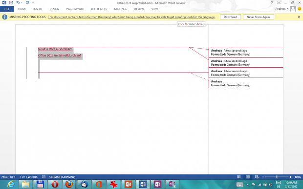 Hier merkt das Programm, dass die deutsche Sprachkorrektur noch fehlt.