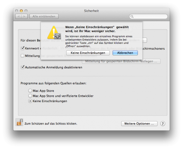 Gatekkeper warnt vor zu schwachen Einstellungen.