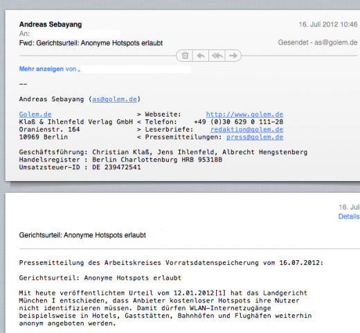 Gesendete, oben eine weitergeleitete, E-Mails sind zusammen mit empfangenen E-Mails zu sehen.