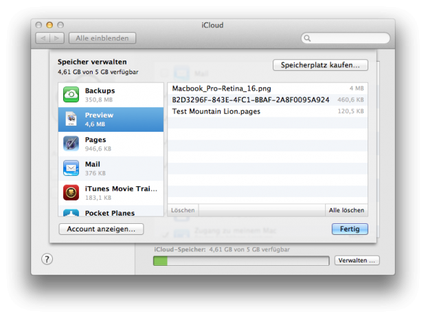 Hier können die iCloud-Daten zentral gelöscht werden. Außerdem kann sich der Nutzer einen Überblick machen.