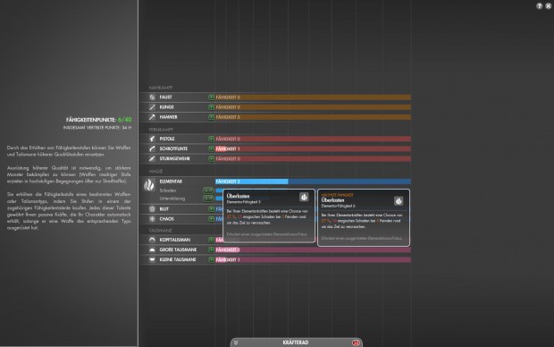 Das Fähigkeitenmenü zum verbessern der Skills.