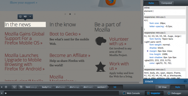 Der Page-Inspector kann f&uuml;r ausgew&auml;hlte Elemente &uuml;ber die Kommandozeile aufgerufen werden.