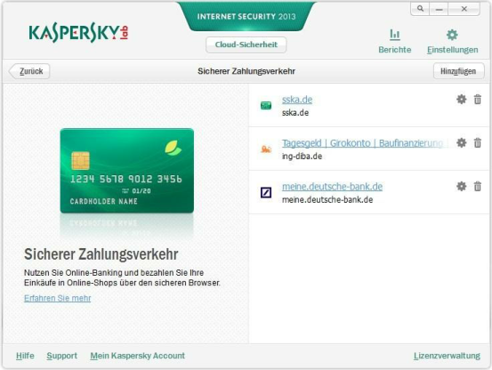 Kaspersky Internet Security 2013 - Einstellungsdialog f&uuml;r den Safe-Money-Modus (Quelle: Kaspersky Lab)