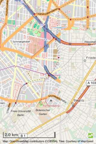 Bei Details wie U- und S-Bahnen ist Mapquest schlechter. Die roten Punkte und Linien dazu sieht der Mapquest-Nutzer nicht.