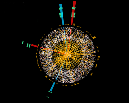 Bei einer Protonenkollision im Atlas-Experiment entstehen zwei Elektronenpaare (rot und blau). So kann ein Higgs-Zerfall aussehen. (Bild: Atlas)