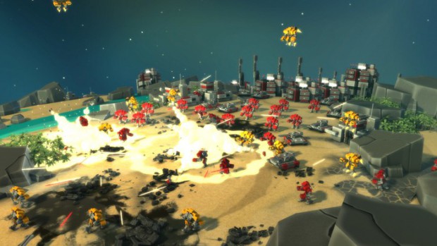 Planetary Annihilation - gegnerische Robotereinheiten im Kampf (Bild: Uber Entertainment)