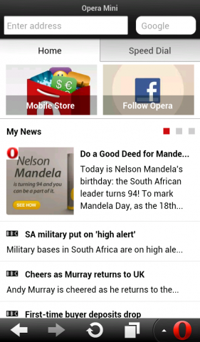 Opera Mini 7.5 für Android mit geöffneter Smart Page (Quelle: Opera Software)
