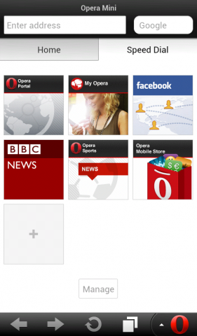 Opera Mini 7.5 für Android mit aktivierter Schnellwahlseite (Quelle: Opera Software)