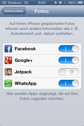 Hier stellt der Nutzer ein, welche Apps auf Fotos zugreifen k&ouml;nnen.