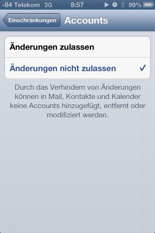In der Accountabsperrung fehlt leider eine direkte Einstellung der Accounts. Bei den Datenschutzeinstellungen ist der direkte Zugriff auch in den Sperroptionen m&ouml;glich.