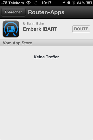 Nach dem Versuch, per &Ouml;PNV zu navigieren, schl&auml;gt Apple einem vor, die BART-App aus San Francisco zu nutzen.