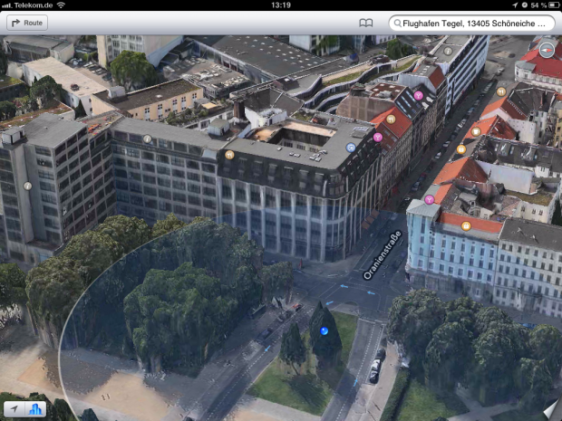 Die Karten-App zeigt nun 3D-Geb&auml;ude an.