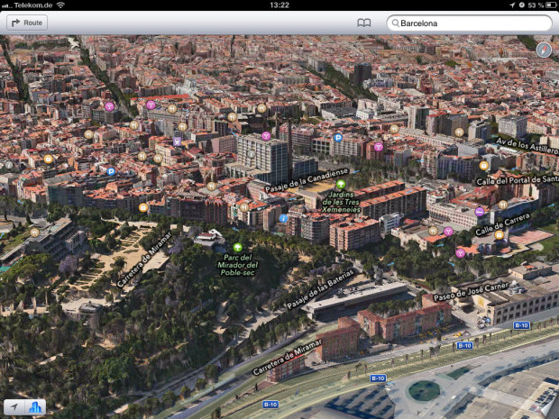 Vor allem gro&szlig;e St&auml;dte sind in der 3D-Ansicht verf&uuml;gbar. Hier ist Barcelona zu sehen.